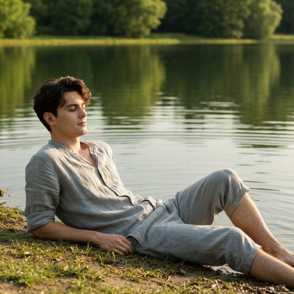 Person resting peacefully by lakeside in natural daylight